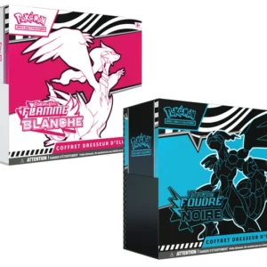 Duo de coffrets Pokémon français Flamme Blanche rose et Foudre Noire bleu avec dragons légendaires