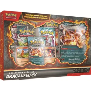 Coffret Pokémon français Collection Spéciale Dracaufeu-ex avec carte géante, boosters et cartes promotionnelles visibles