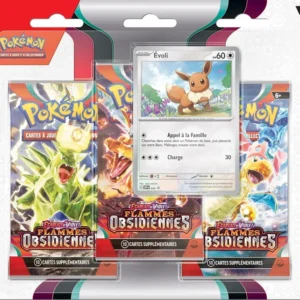 Pack Pokémon français avec carte promo Évoli et 3 boosters Flammes Obsidiennes sous blister