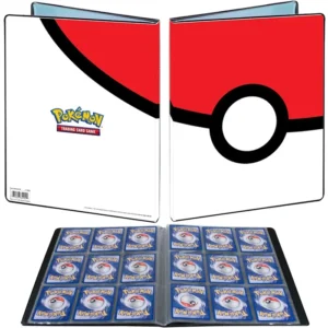 Classeur Pokémon design Pokéball rouge et blanc ouvert montrant les pochettes pour cartes