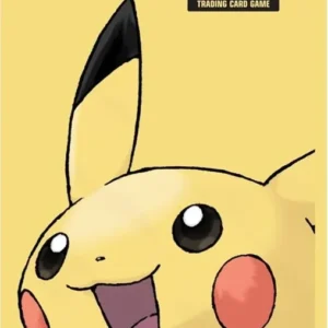 Protège-cartes Pokémon jaunes avec Pikachu souriant sur fond jaune uni
